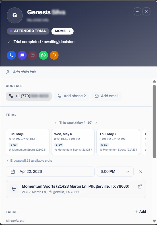 Single lead detail view with trial scheduling and location info