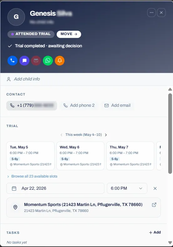 Single lead detail view with trial scheduling and location info