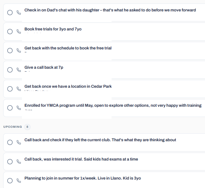 Operator's task list pulled from CRM activity