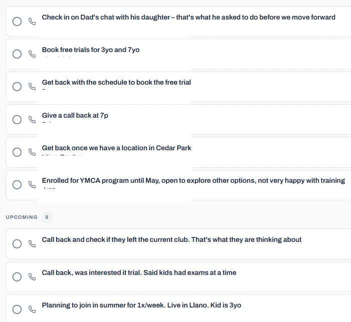 Operator's task list pulled from CRM activity