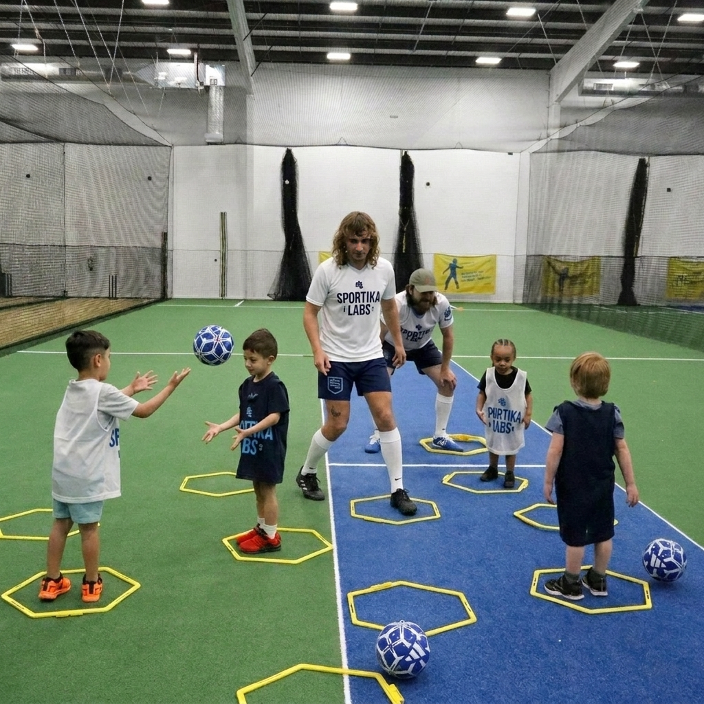 Group of kids running drills with cones and balls at the indoor field