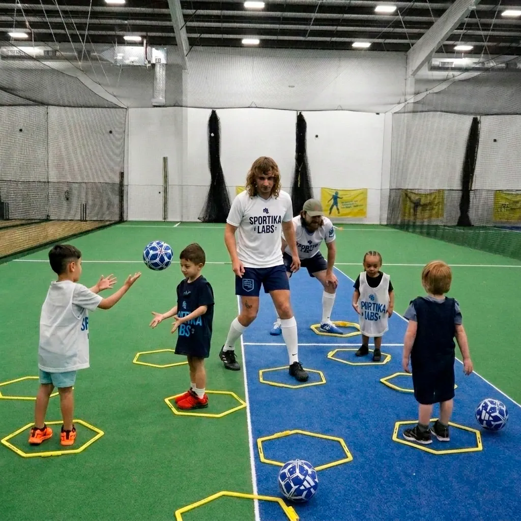 A group of kids in Sportika Labs jerseys running drills with cones at a first session