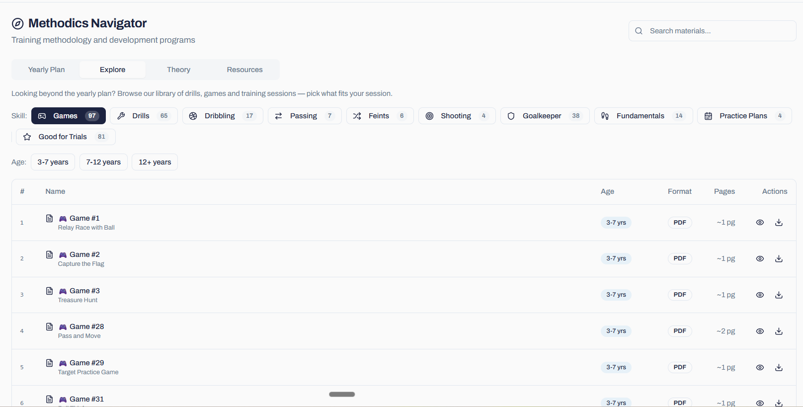 Methodics Navigator drill library filtered by age and skill