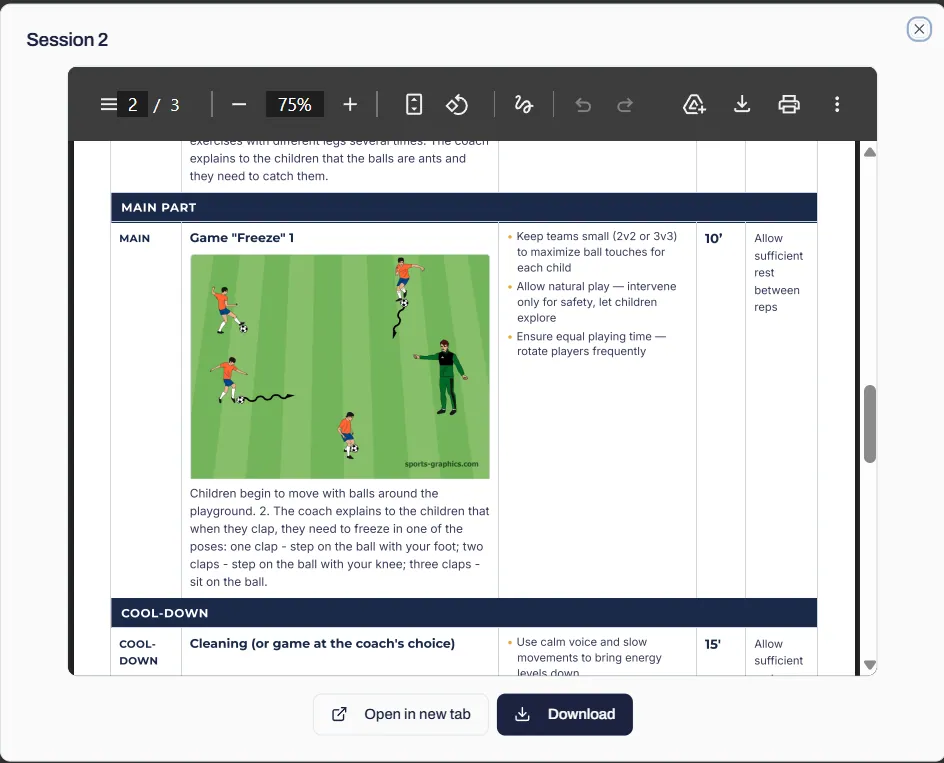 Detailed session view with exercise cards