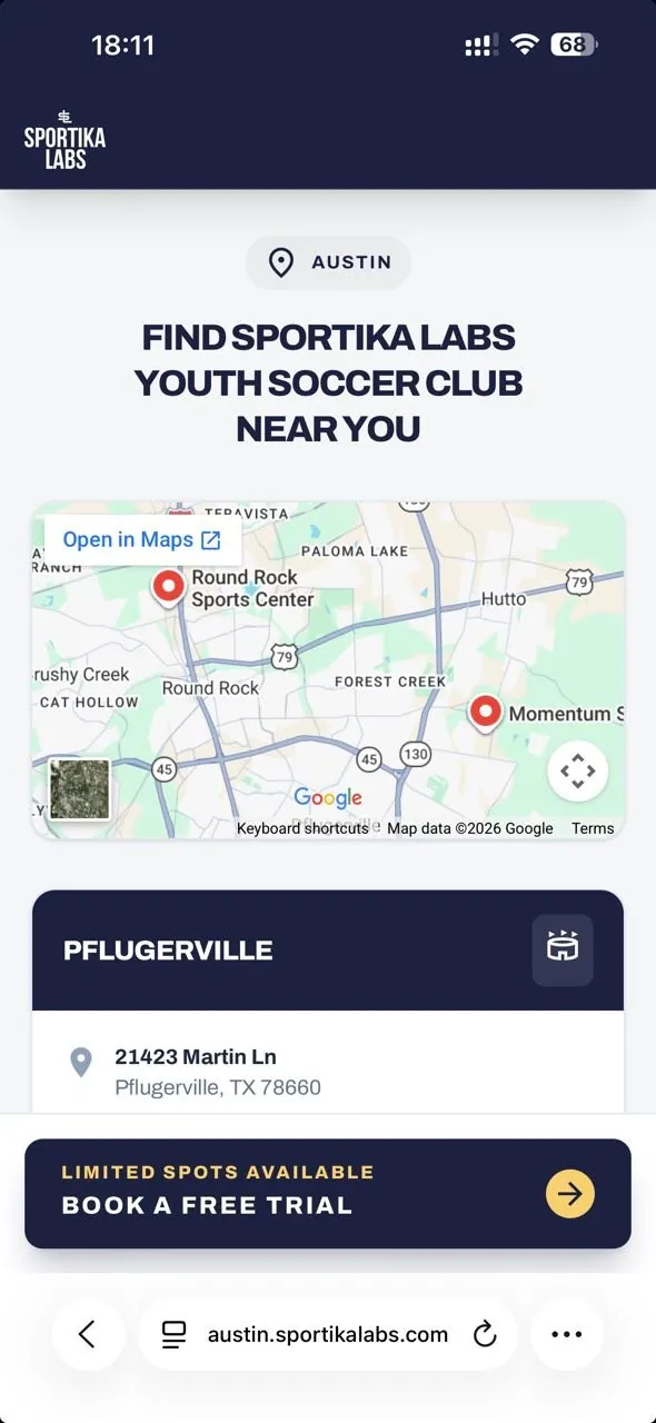 Mobile-first landing page for Austin academy, hero section