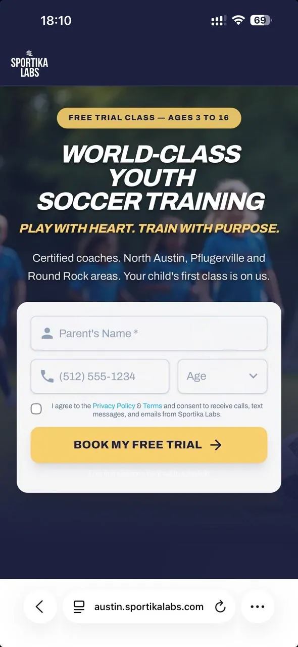 Mobile-first landing page for Austin academy, location and CTA