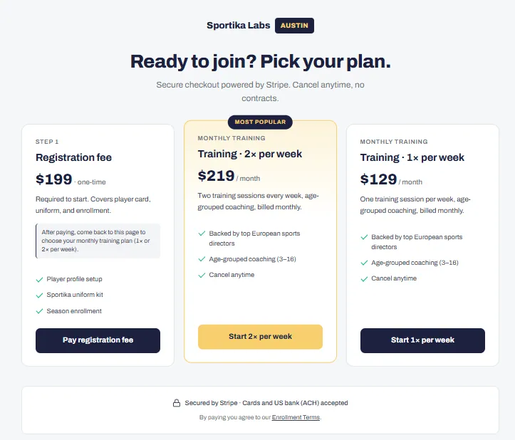 Mobile checkout page with registration fee and membership selection