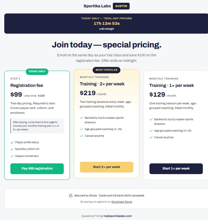 Same-day-trial pricing page with discounted registration fee