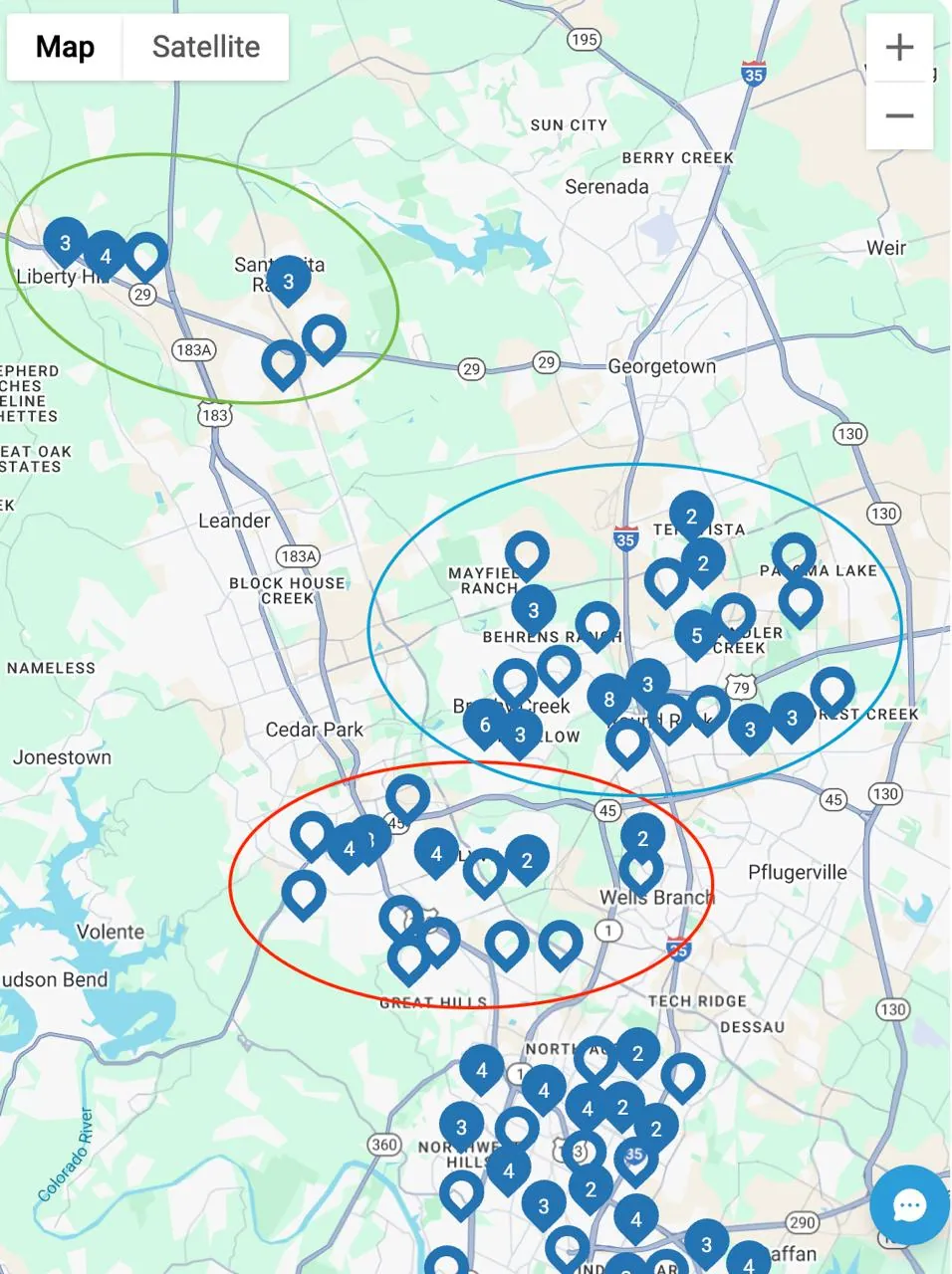 Map of Austin priority zones drawn from playbook checklists